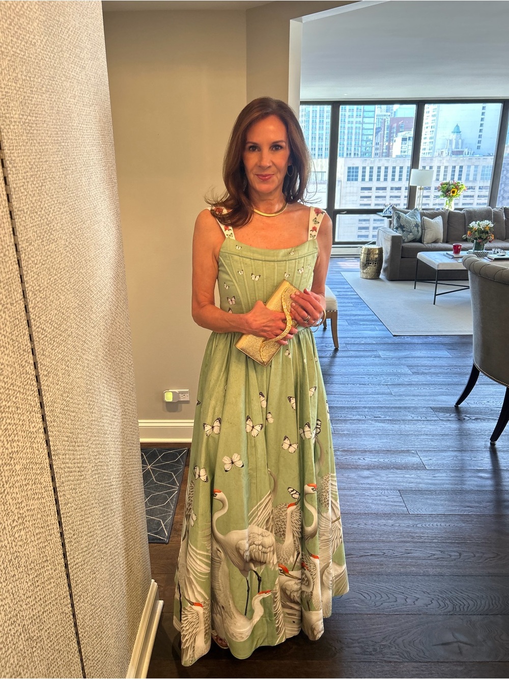 Alice + Olivia Sage Green Crane & Butterfly Maxi Dress
